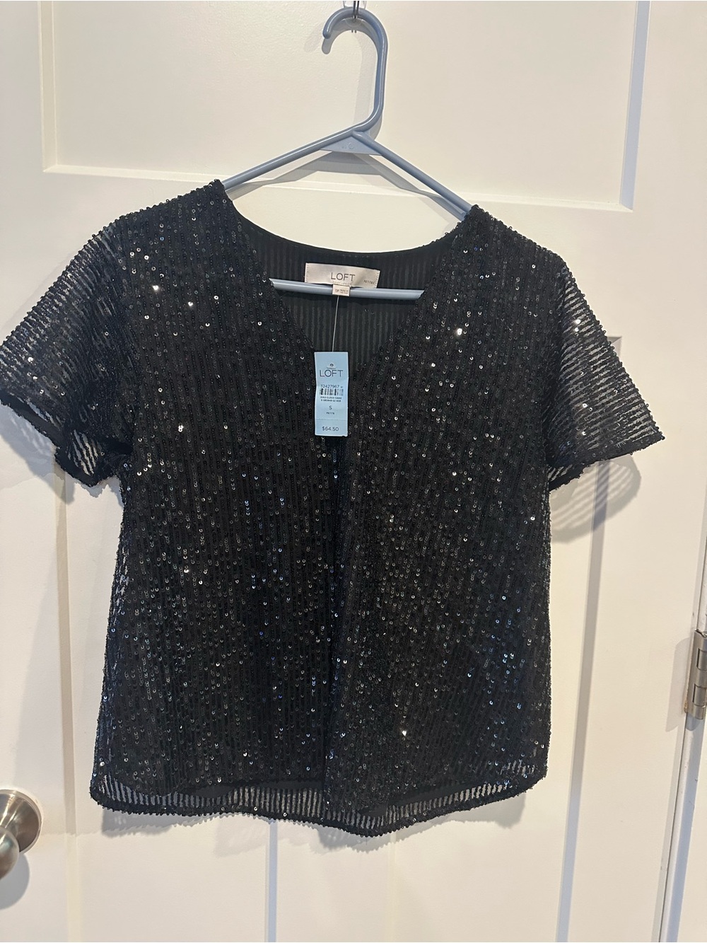 LOFT Black Sequin Short Sleeve V-Neck Top